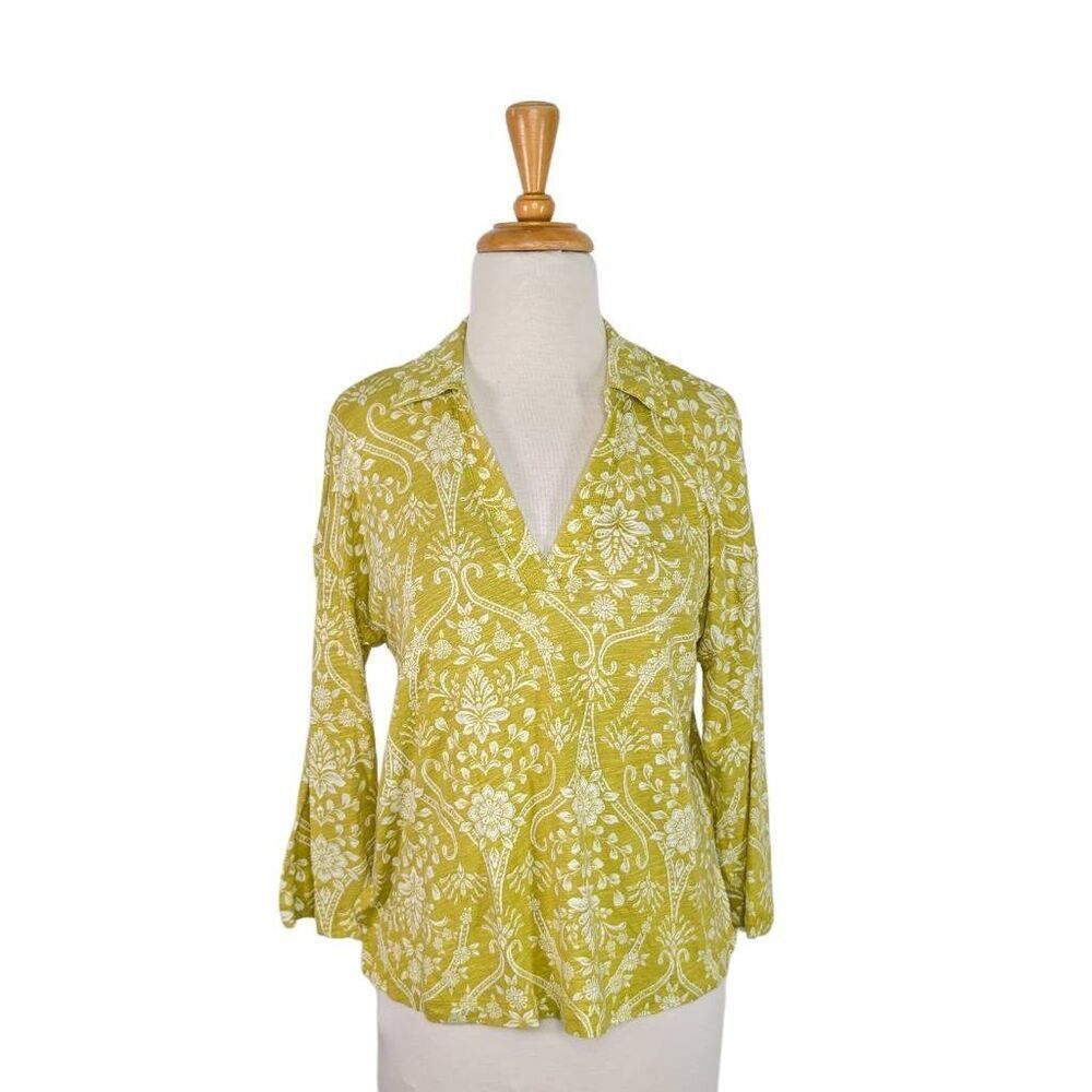 Joie M Green Floral Top Polo Shirt Linen Blend Vacation Summer Tropical Lagenloo